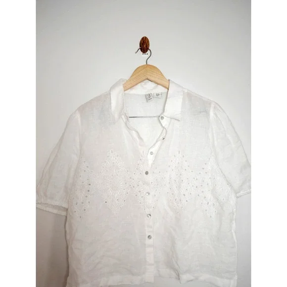 Joie Women XL 100% Linen White Eyelet Short Sleeve Button Crop Shirt Coquette - Picture 3 of 9